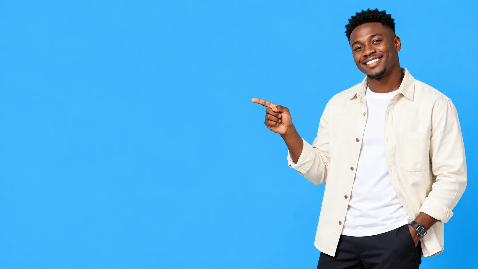 A smiling man pointing towards the event countdown
