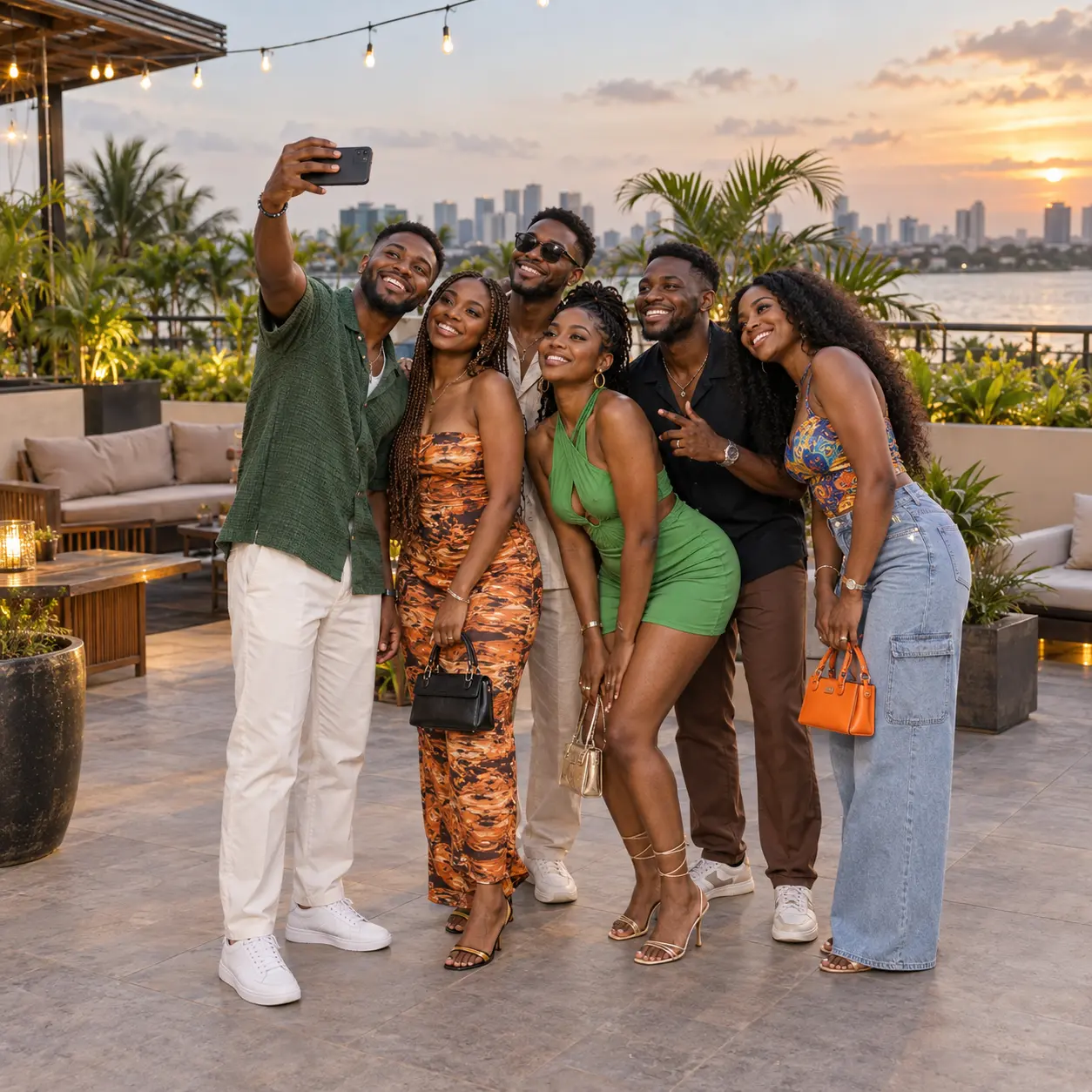 A group of friends taking a selfie at a rooftop hangout